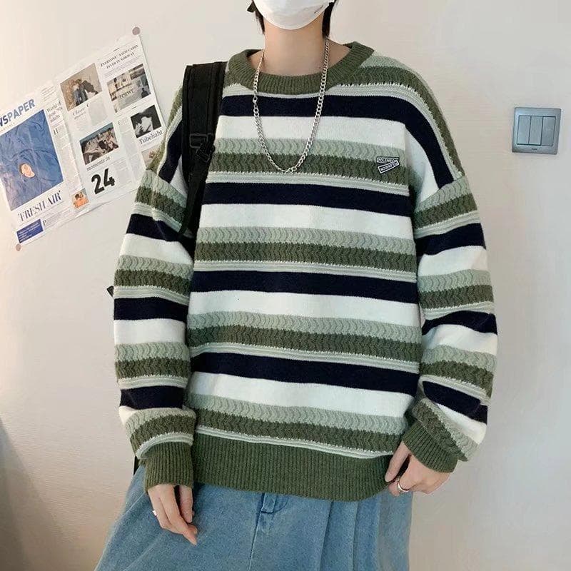 Couple's clothing autumn and winter new retro niche striped sweaters for men and women to wear loosely and with lazy knitted sweaters. XL