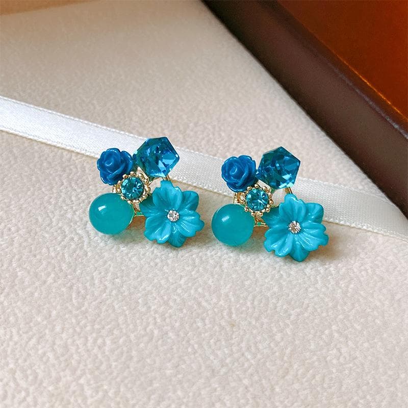 Purple Crystal Flower Stud Earrings For Woman Korean Fashion Jewelry Wedding Party Girl Elegance Set Accessories blue