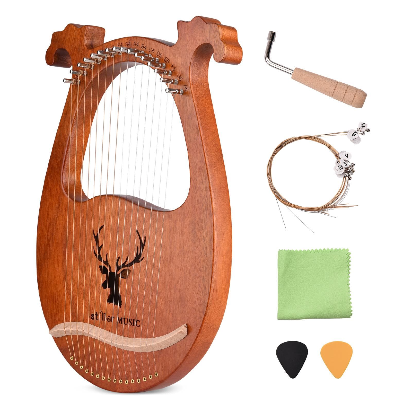 16 String Lyre Harp Solid Wood String Instrument with Elk Pattern Tuning Hammer Strings Cleaning brown