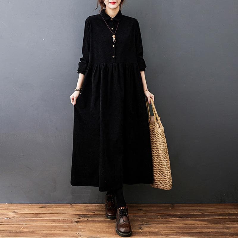 Autumn Long Corduroy Dresses Literary Plus Loose Solid Color Lapel Long Sleeve Party Dress for Women 2XL black