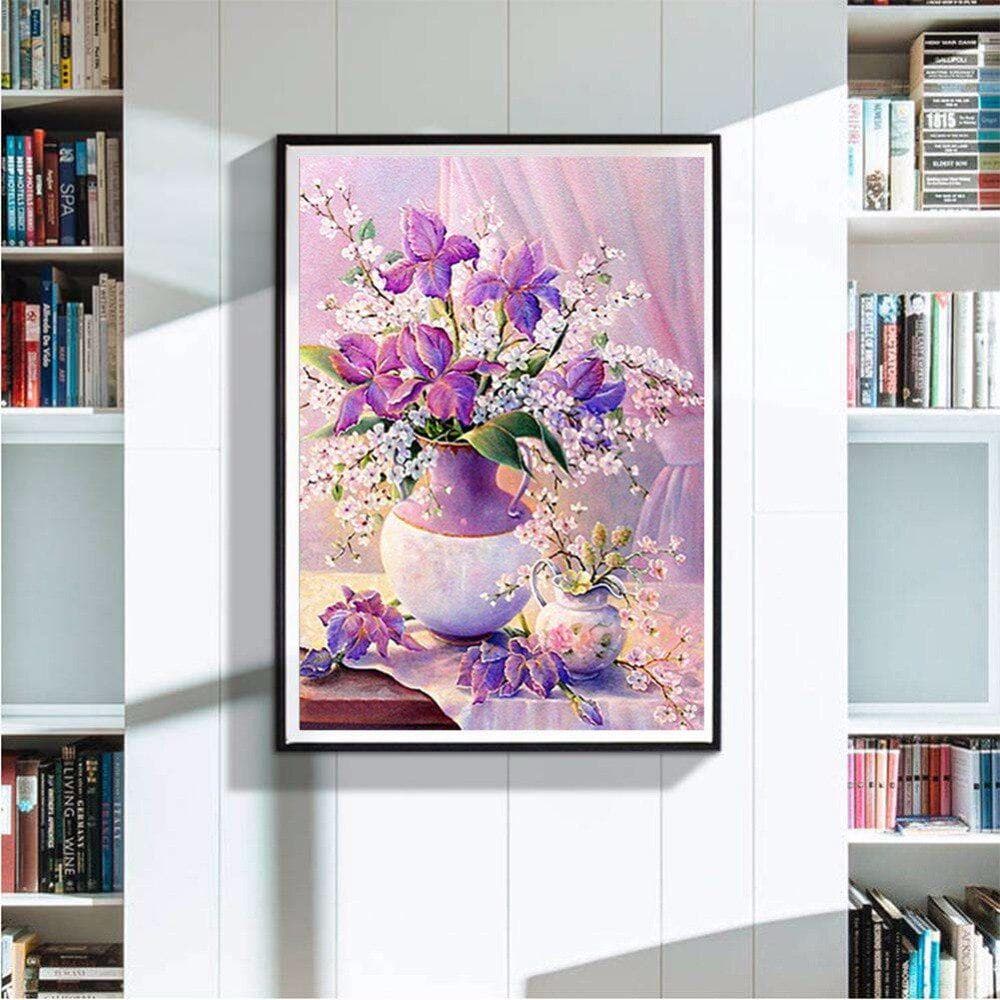 Diamond Painting Cross Stitch Kit Diamond Embroidery Mosaic Purple & White Flowers Kit 20X30CM