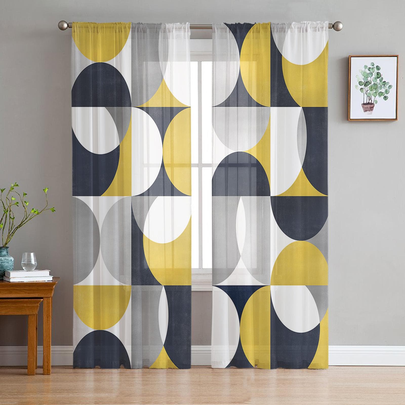 Vintage Mid-Century Geometric Abstract Color Voile Sheer Curtains Living Room Window Tulle Curtain Kitchen Bedroom Home Decor 135W x 114H(cm)