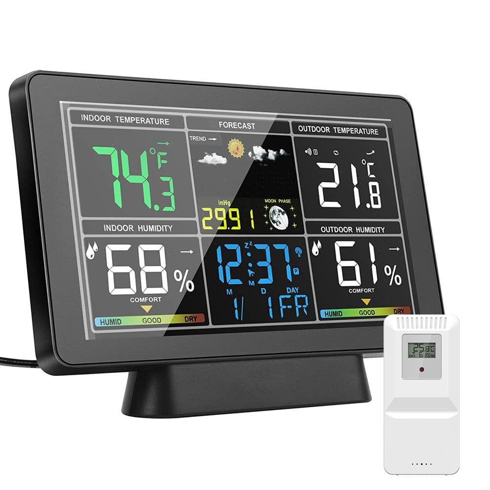 Weather Station IndoorOutdoor Wireless Thermometer Temperature and Humidity Monitor 7.5 Inch Color EU Plug black