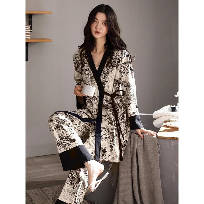 New Pajama Sets Women's Cotton Long-sleeved Kimono Nightgown Three Piece Set XXL
