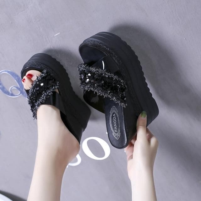 White Slipper Women 2021 Summer Fashion Platform Sequined Slippers Slope Heel Women Shoes Rhinestone Transparent Wedges Slides 35