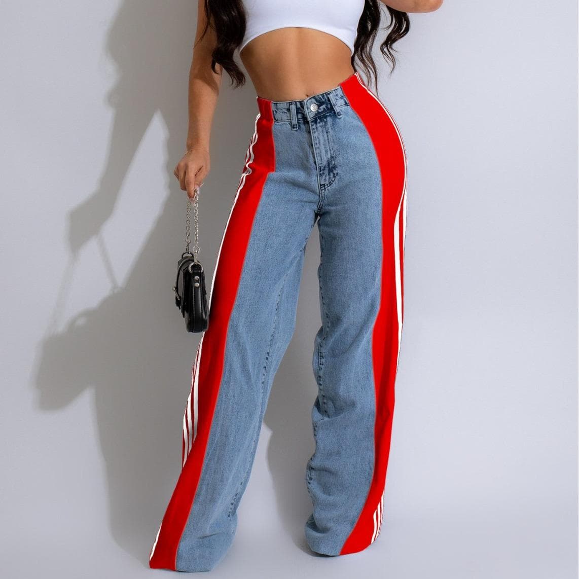 High Waisted Denim Women's Drawstring Elastic Waist, Loose Elastic Denim Straight Leg Pants M red