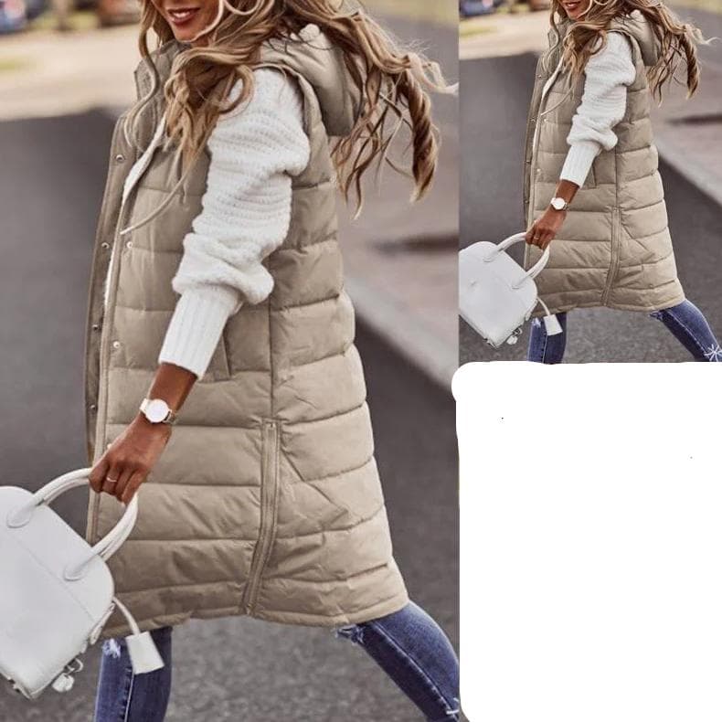 Order Two Size Up,Sleeveless Winter Jacket Women Midi Coats Down Vest Keep Warm Elegant Black Hooded Street Hipster Lady Cotton Overcoat M beige