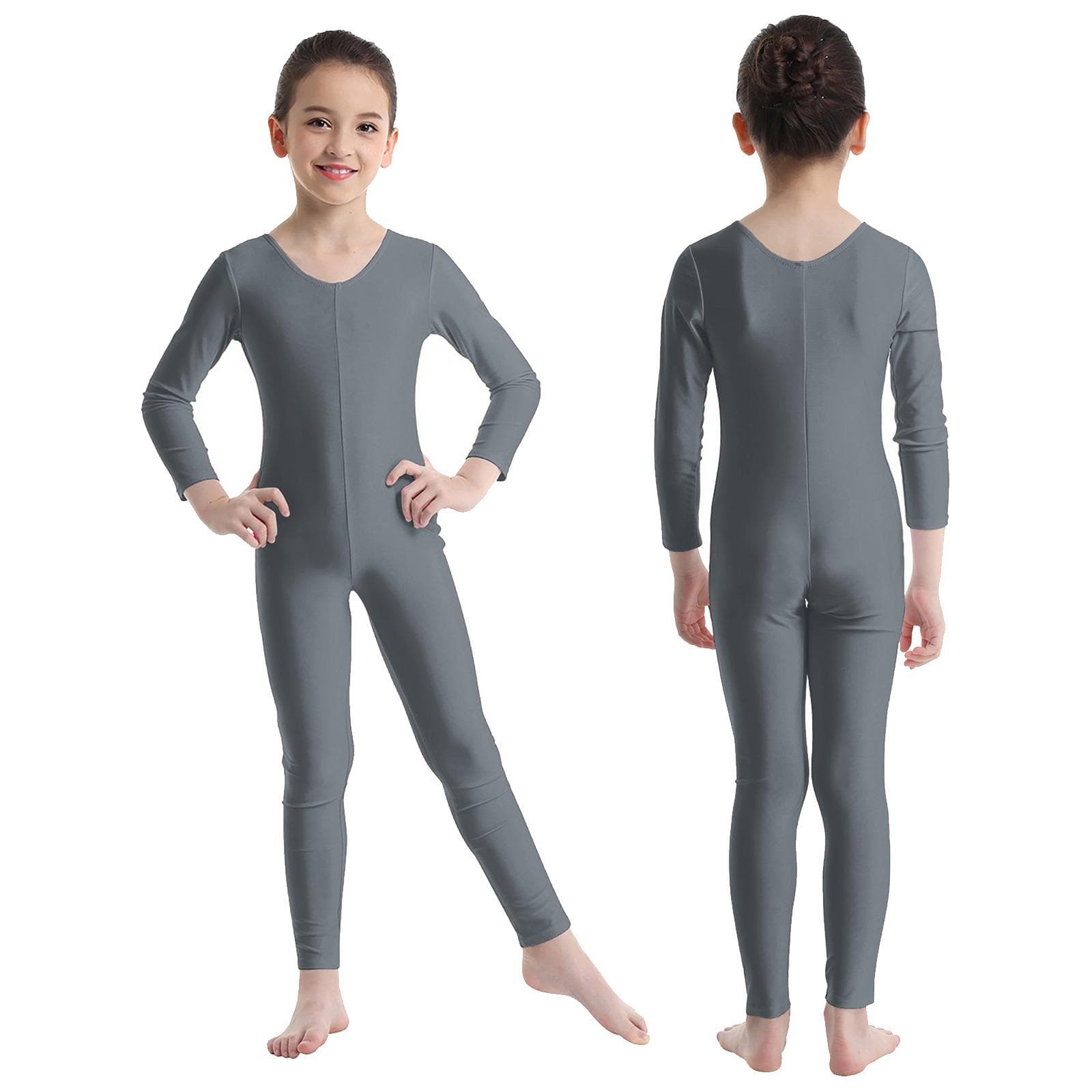 Kids Girls Stylish Clothing Long Sleeves Ballet Dance Gymnastics Leotard Jumpsuit Dancewear 10-12 Years grey