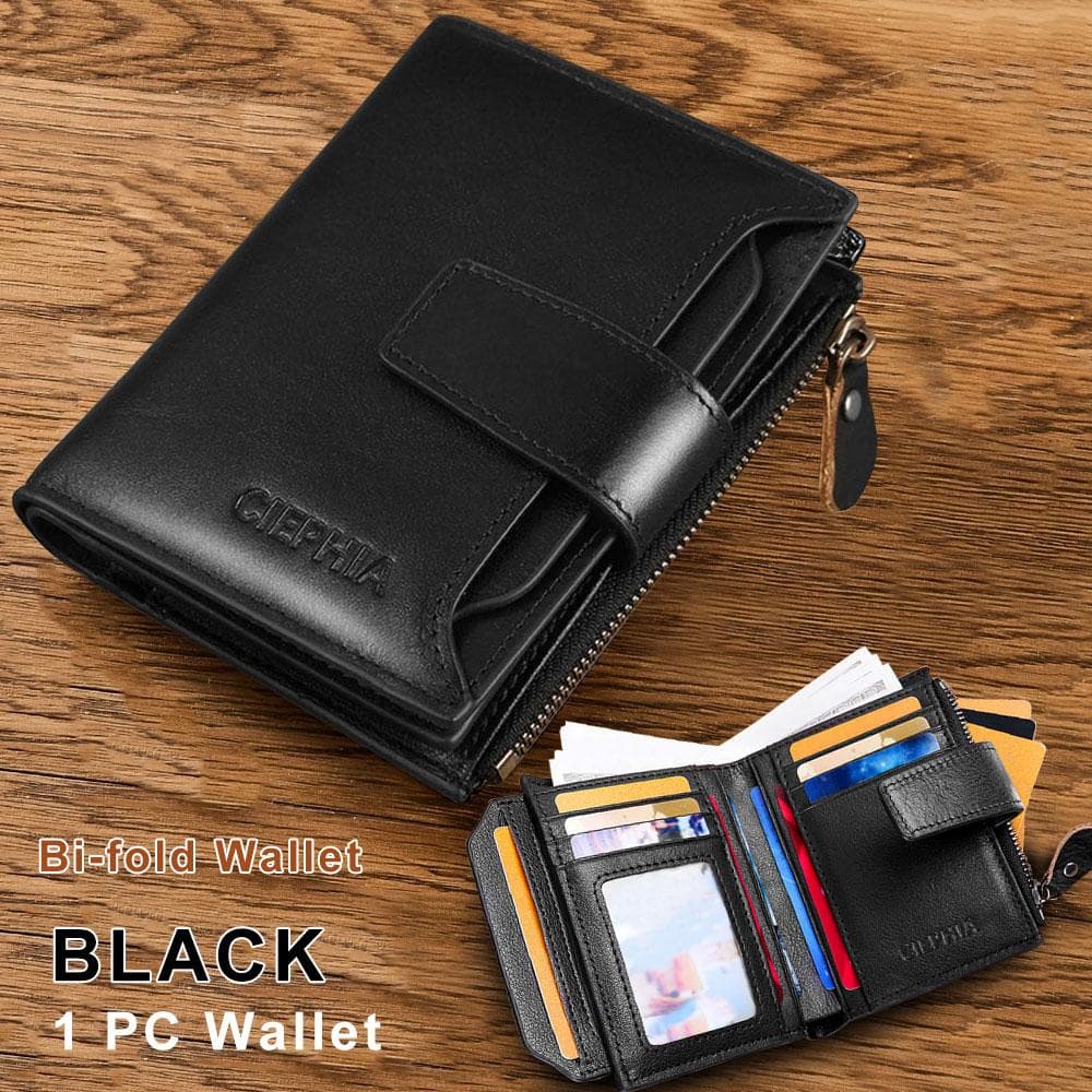 Men's Genuine Leather Wallet Vintage Short Multi Function Card Slots RFID Blocking Protection Zipper Coin Pocket Money Bags S black
