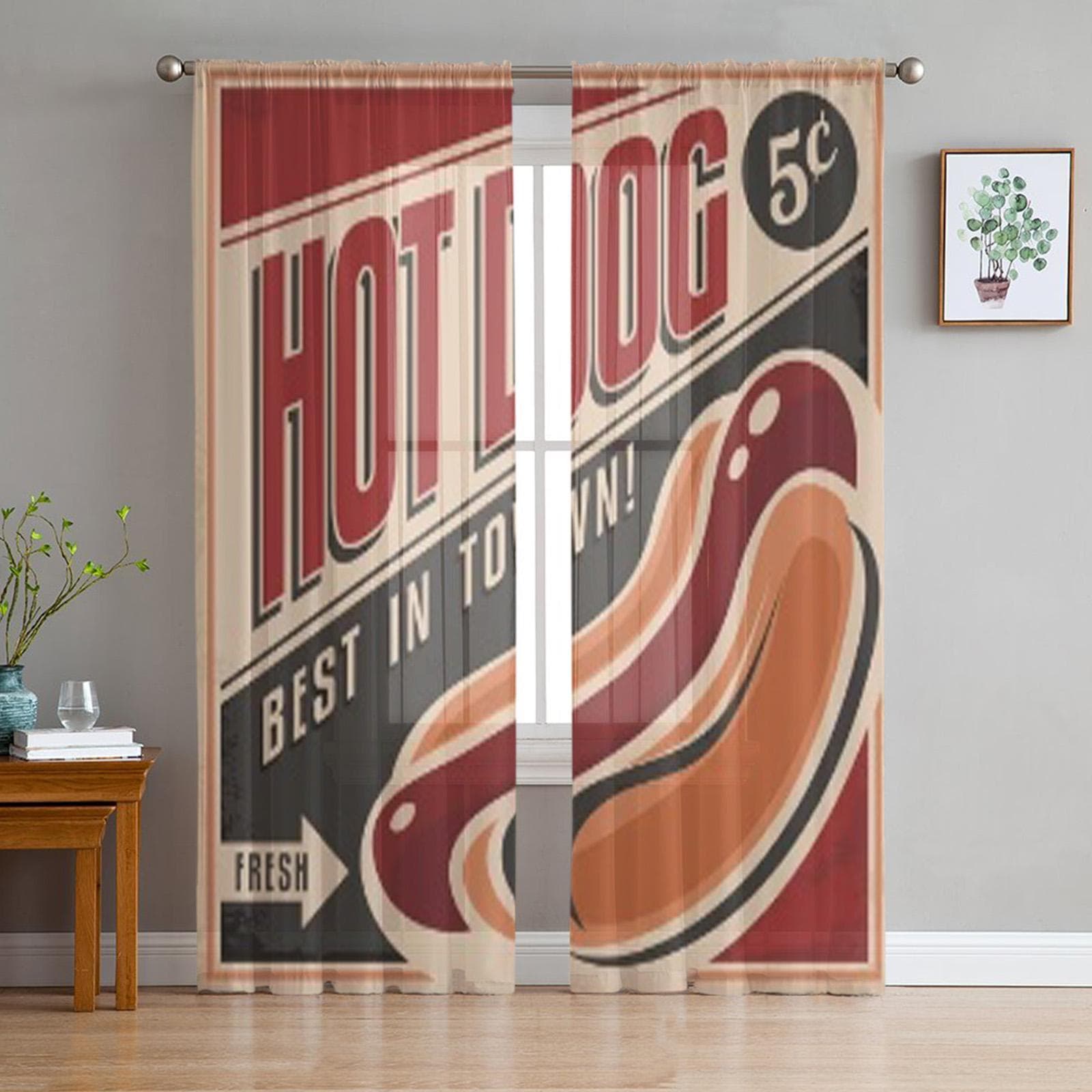 Retro Hot Dog Poster Tulle Sheer Window Curtains For Living Room The Bedroom Modern Chiffon Voile Organza Curtains Decor Drapes 135W x 114H(cm)