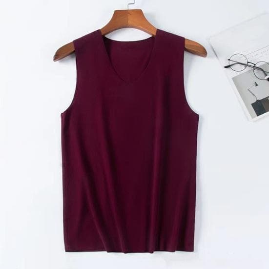 Men Winter Seamless Thermal Vest V-neck Sleeveless Thermal Underwear Thickened Elastic Slim Fit Bottoming Shirt Thermal Tops 5XL wine red