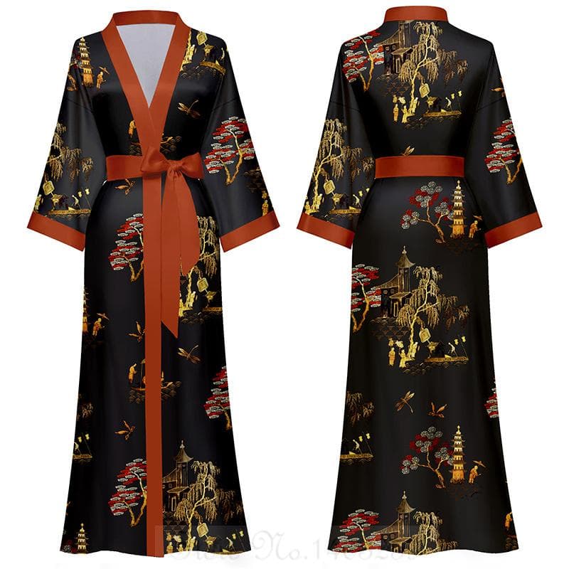 Chinese Style Print Women Long Robe Nightgown Retro Satin Sleepwear Nightdress Half Sleeve Kimono Bathrobe Gown Loose Home Wear One size