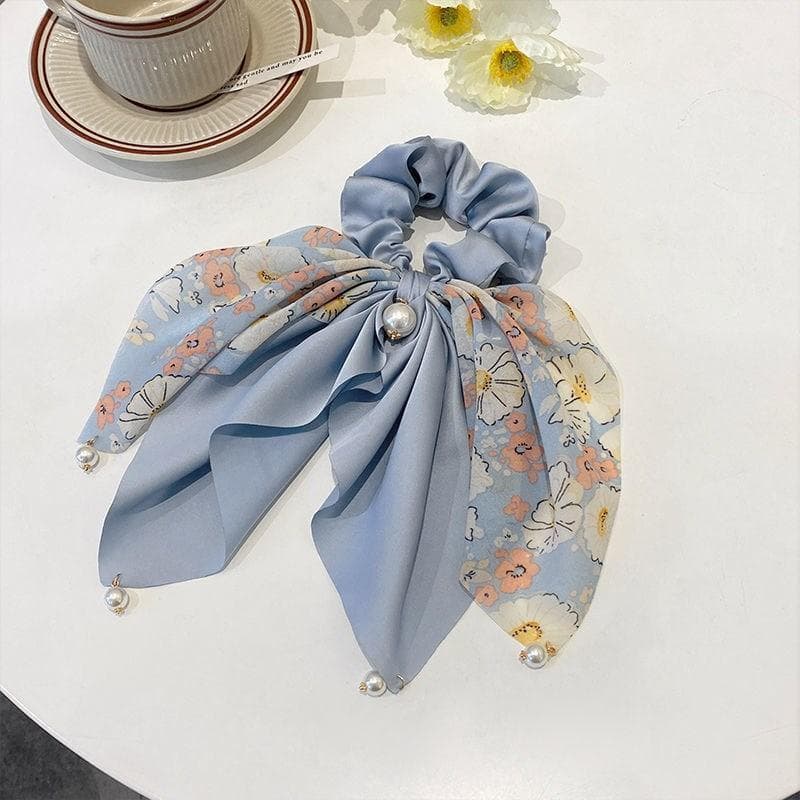 New Women Bow Hair RopeChiffon Floral Print Sweet Elastic Hair Band Ponytail Holder Gum for Hair Ties Hair Accessories blue