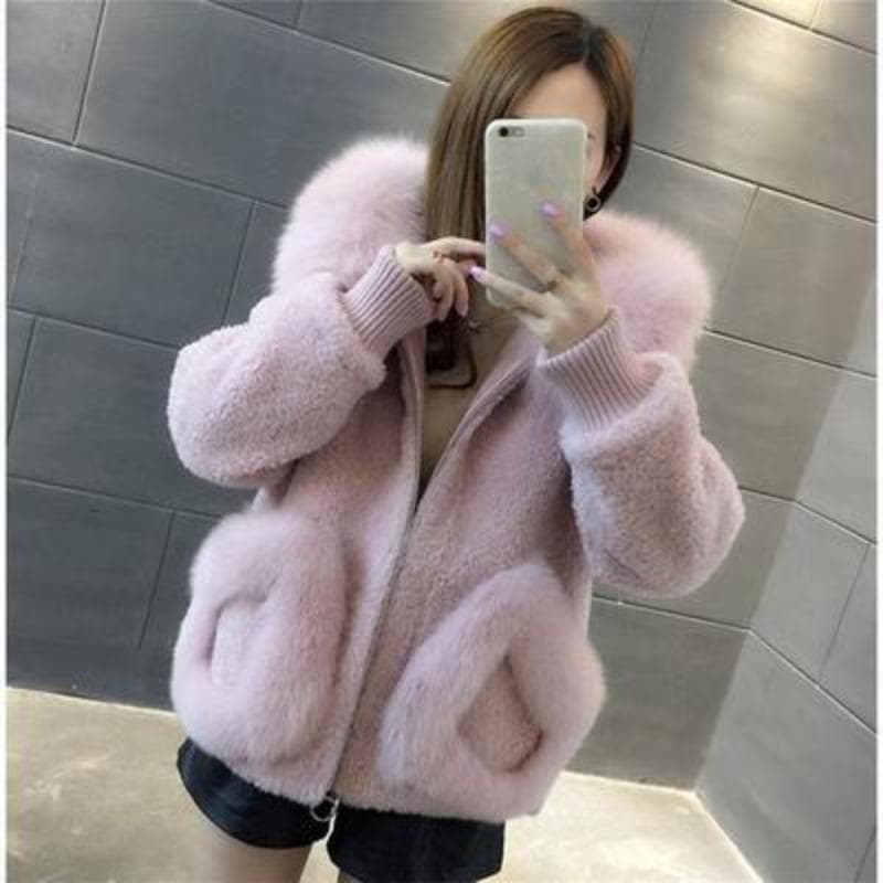 New Style Imitation Fox Fur Collar Imitation Shearling Fur Coat for Women Autumn and Winter Korean Style Hooded Short Coat L pink