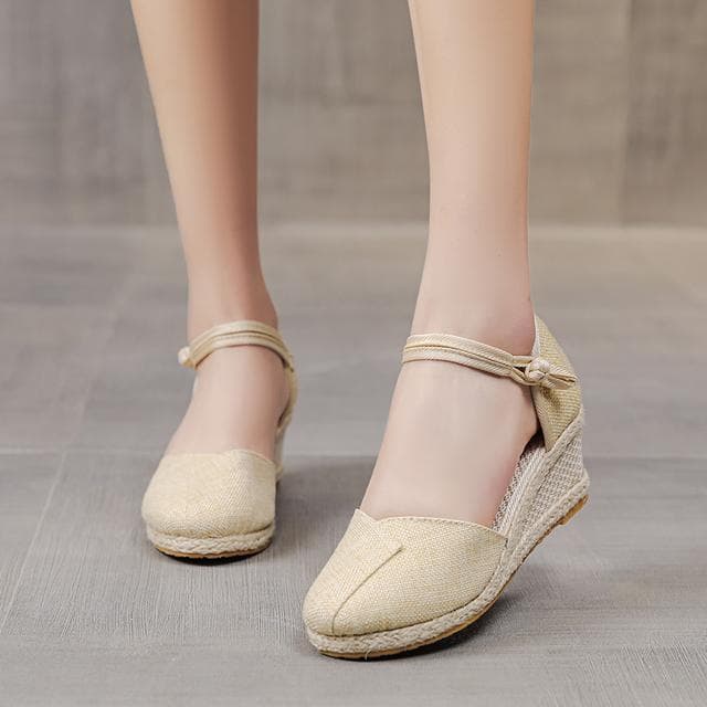 Patchwork Women Linen Wedge Espadrilles Sandals 6cm High Heel Summer Elegant Lady Close Toe Shoes Black Red White Beige 39 beige