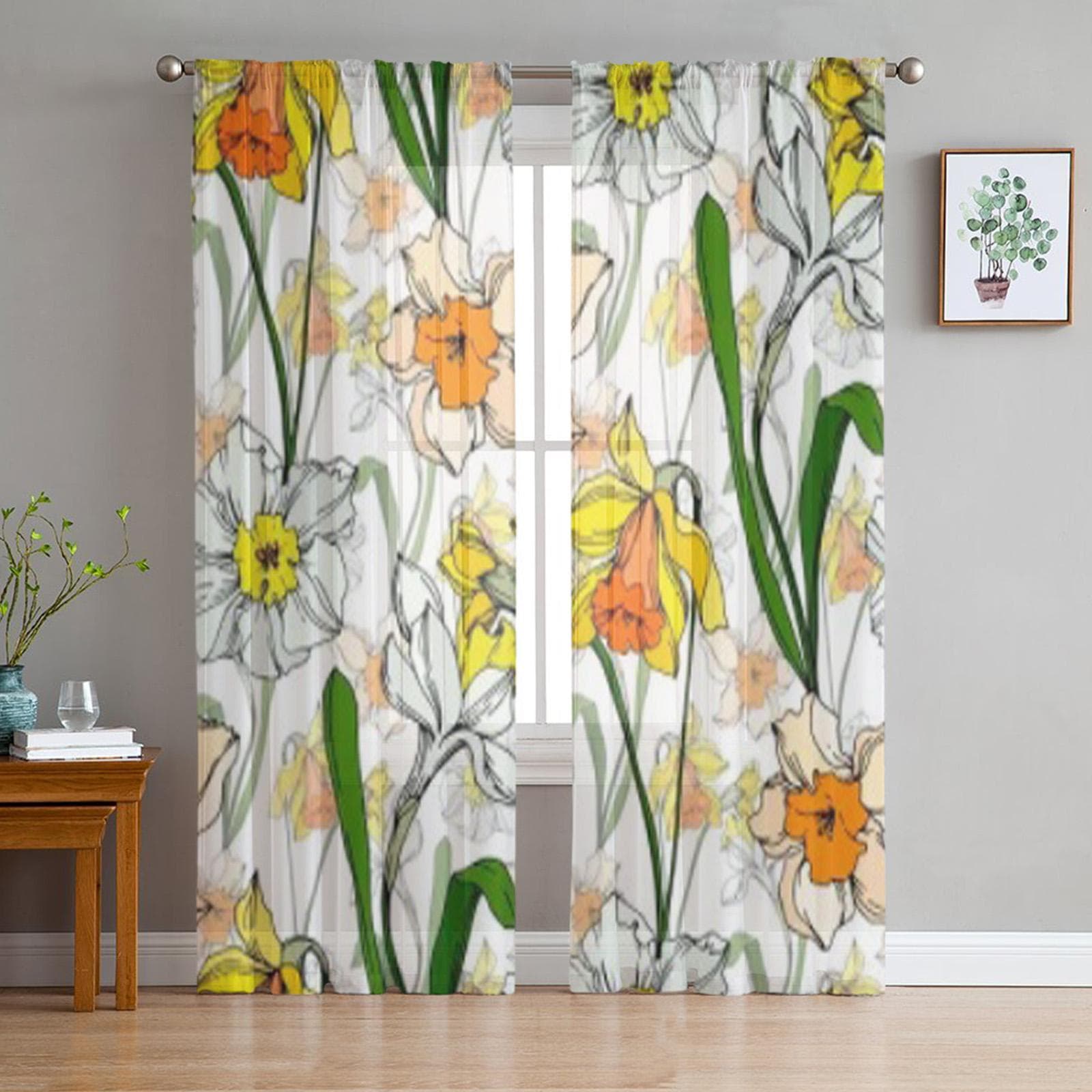 Ink Wild Rose Flower Narcissus Sheer Curtains for Living Room Transparent Tulle Window Curtain Bedroom Kitchen Decor Veil Drapes 135W x 114H(cm)