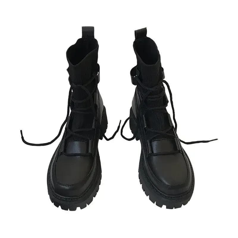 2024 New Women Motorcycle Boots Ladies Casual Stretch Fabric Socks Boots Fashion Cross-tied Women Shoes Platform Boots Gothic 38 black