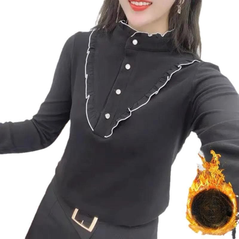 Women with Thickened Velvet and Thickened Mesh Autumn and Winter, Women's Black Ears, Buttoned Up Stand Collar, Long Sleeve T-shirt Solid Color 5XL