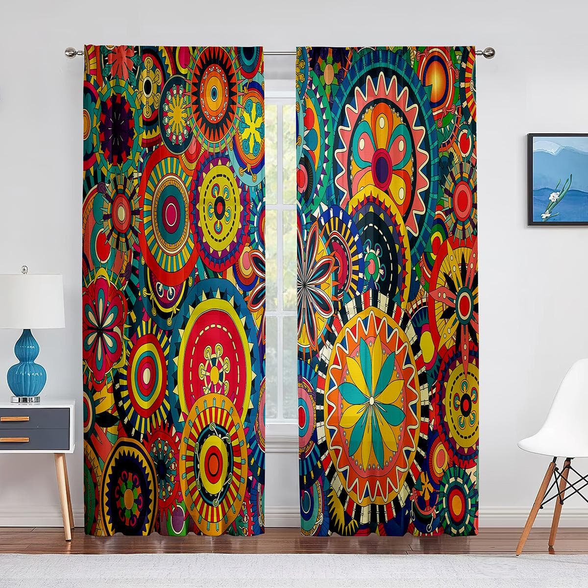 Mandala Bohemian Boho Green Blue Tulle Curtains for Living Room Bedroom Kitchen Chiffon Sheer Curtains Window Treatment Decor 1 PCS W150XH250cm&Rod Pocket