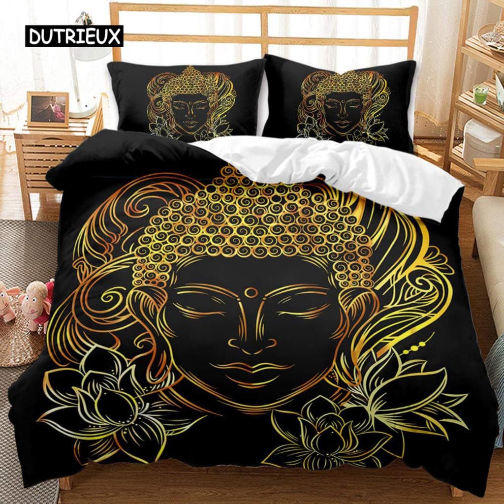 Buddha Duvet Cover Set King Size Golden Mandala Asian Culture Theme Bedding Set Microfiber Exotic Retro Style Comforter Cover AU Queen(210x210cm)
