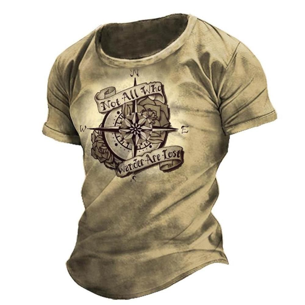 Vintage Men's T-shirt Summer American Shirt Tops Compass Printed Short-sleeve Tees Loose Daily Men Clothing Casual Streetwear 5XL