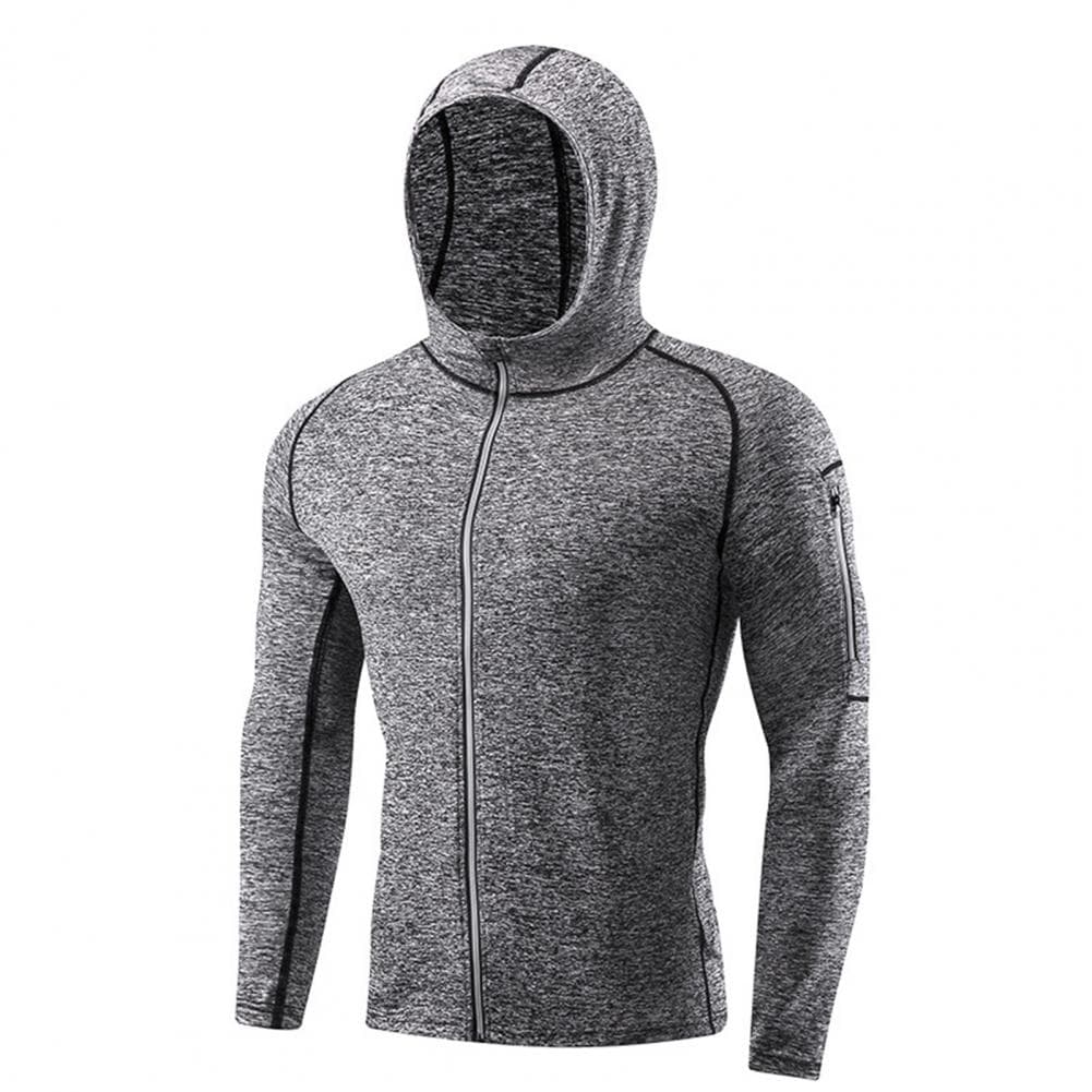 Men Full Zip Hoodie Quick-Dry Sweatshirt with Reflective Strip Zipper Sports Jacket Hoodie for Running Fitness Golfing M grey