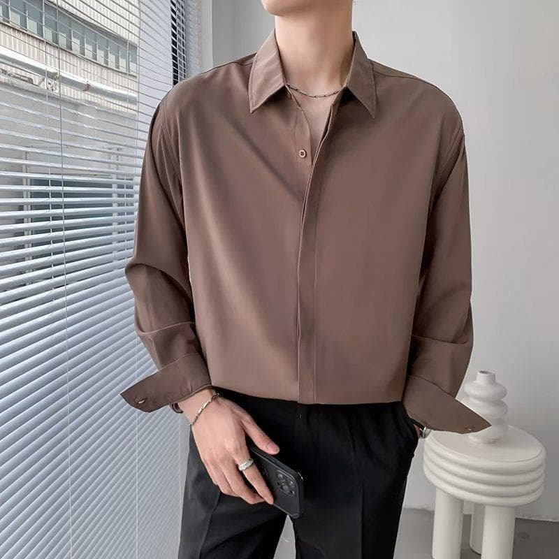 Korean Long Sleeve Shirt Men Fashion Loose Business Casual White Shirt Men's Button Design Top Large Comfortable Shirt L brown