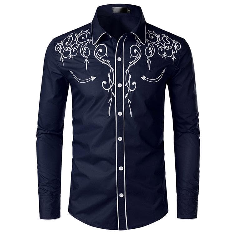 Mens Western Cowboy Embroidered Shirt Slim Fit Casual Long Sleeve Button Down Party Shirts S-2XL XL navy blue
