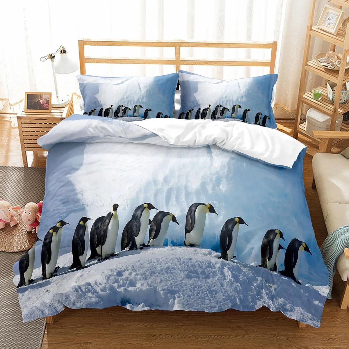 Cute Penguin Pattern Duvet Cover Set Cute Kawaii Animals For Boys Girls Bedroom Decor Polyester Comforter Cover King Queen Size EU single(135x200cm)