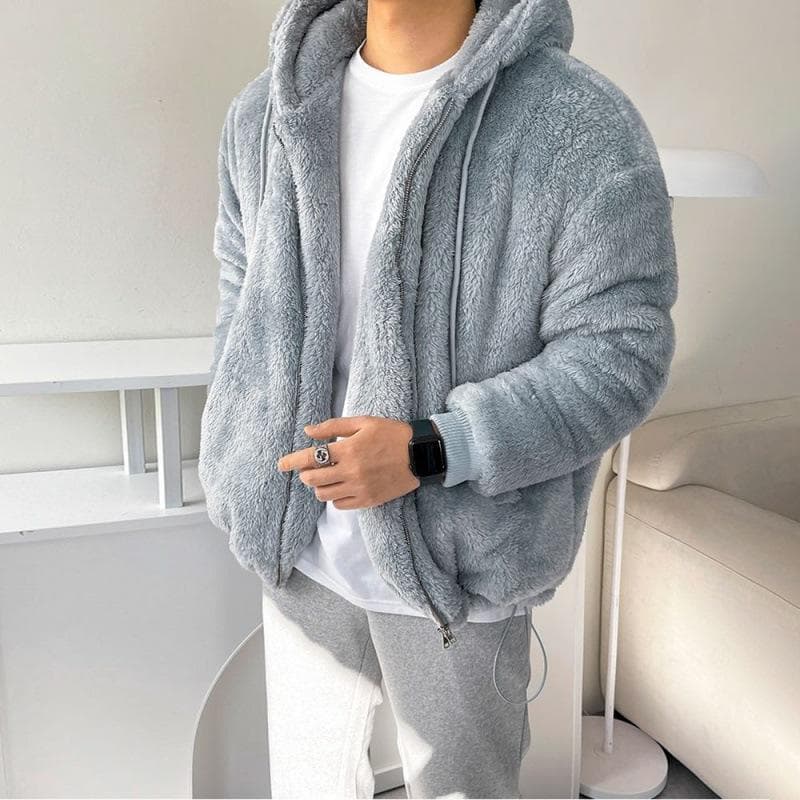 Lazy Lamb Wool Thickened Hooded Sweatshirt for Men Winter Korean Style Loose Cotton Coat and Jacket 2XL blue