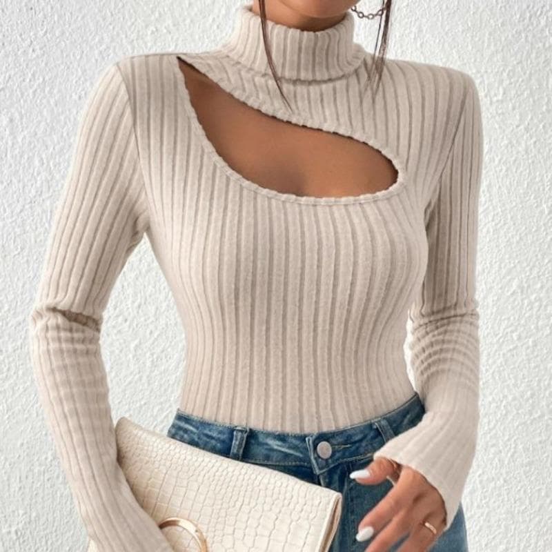 Sexy Hollowing Out Slim Fit Sweater Women Autumn Turtleneck Long Sleeved Leisure Pullover Versatile Top L apricot