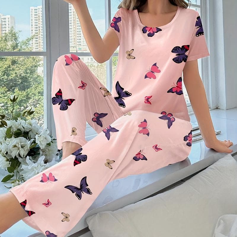 Pink Butterfly Women Pajamas Sets Autumn Winter Short Sleeves Long Pants Sleepwear Casual Pijamas Cozy Pyjamas Cute Pjs Sweet S