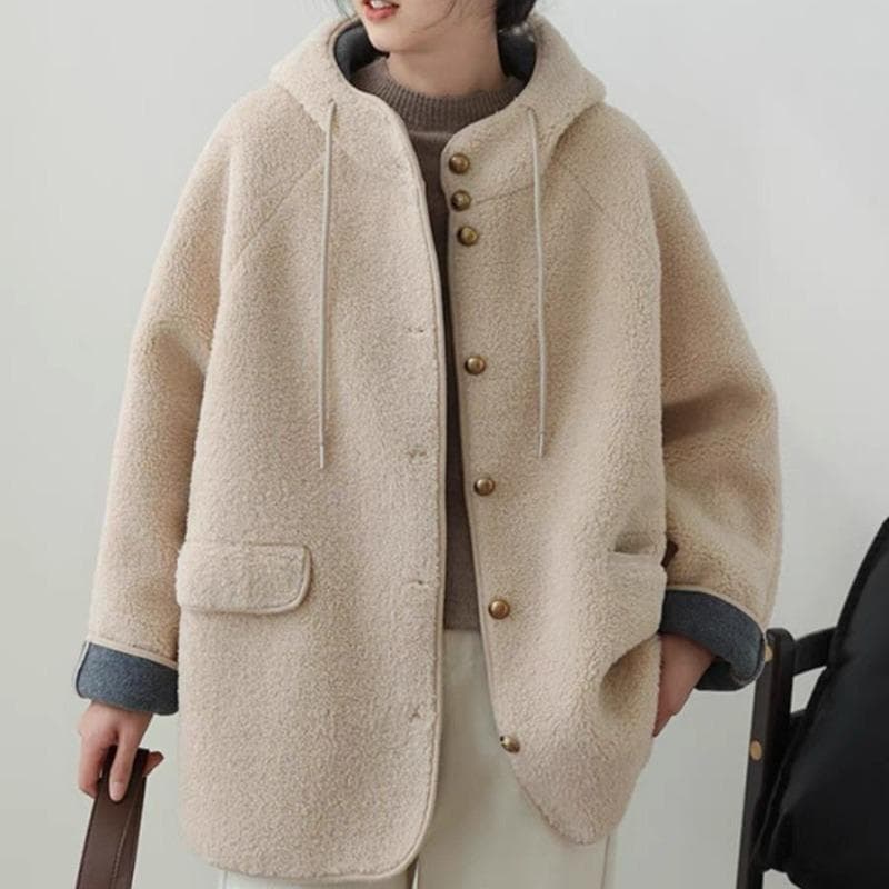 Women Loose Hooded Lamb Wool Jackets Casual Single Breasted Thick Coats Winter Warm Long Sleeve Granular Velvet Overcoat XL beige