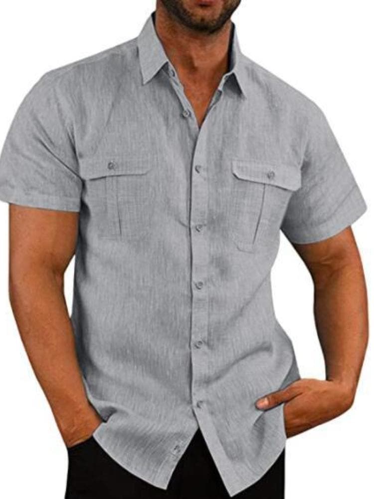 European and American Men's Shirt, Double Pocket Cotton Linen Short Sleeved Shirt, Casual Vacation Shirt L grey
