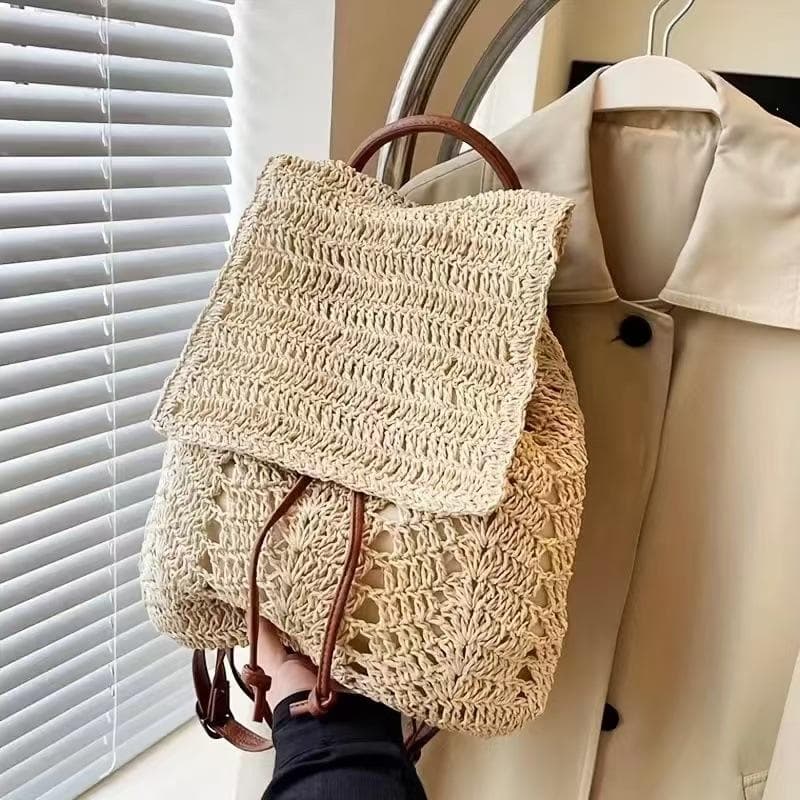 Large Capacity Casual Versatile Handwoven Straw Double Use Minimalist Backpack Single Shoulder Bag - Fashionable Bohemian Beach Tote