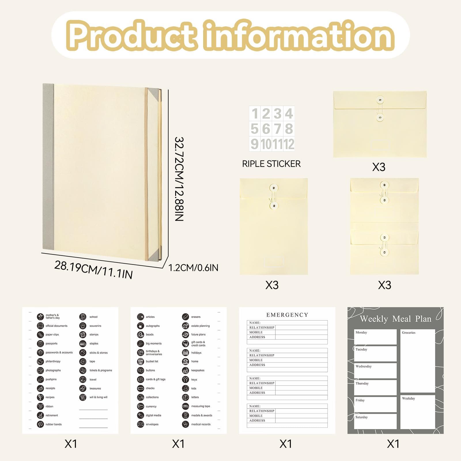 Document Organizer Folio with 12 Pockets Envelopes in Case I Go Missing Binder Important yellow