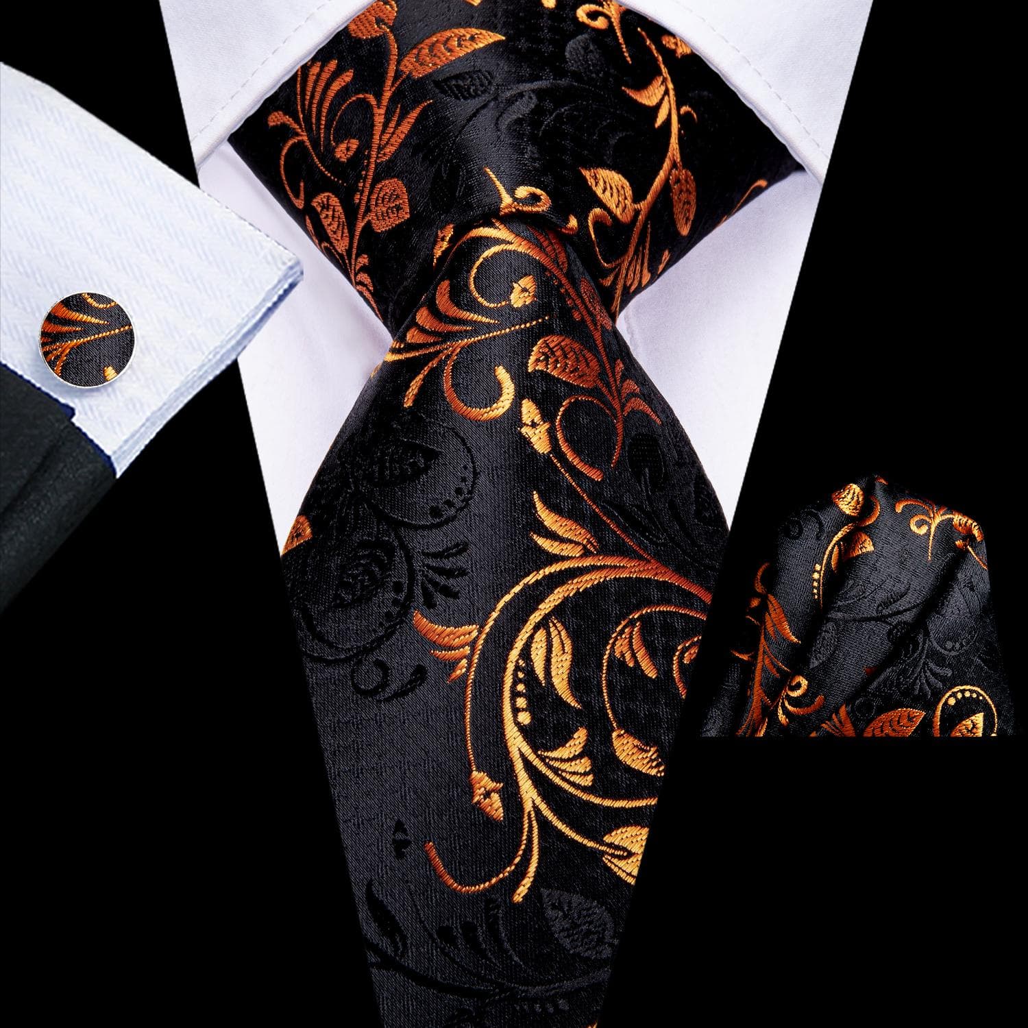 Hi-Tie Mens Accessories Silk Tie Handkerchief Cufflinks Set for Wedding Party Floral Solid Necktie N-3338