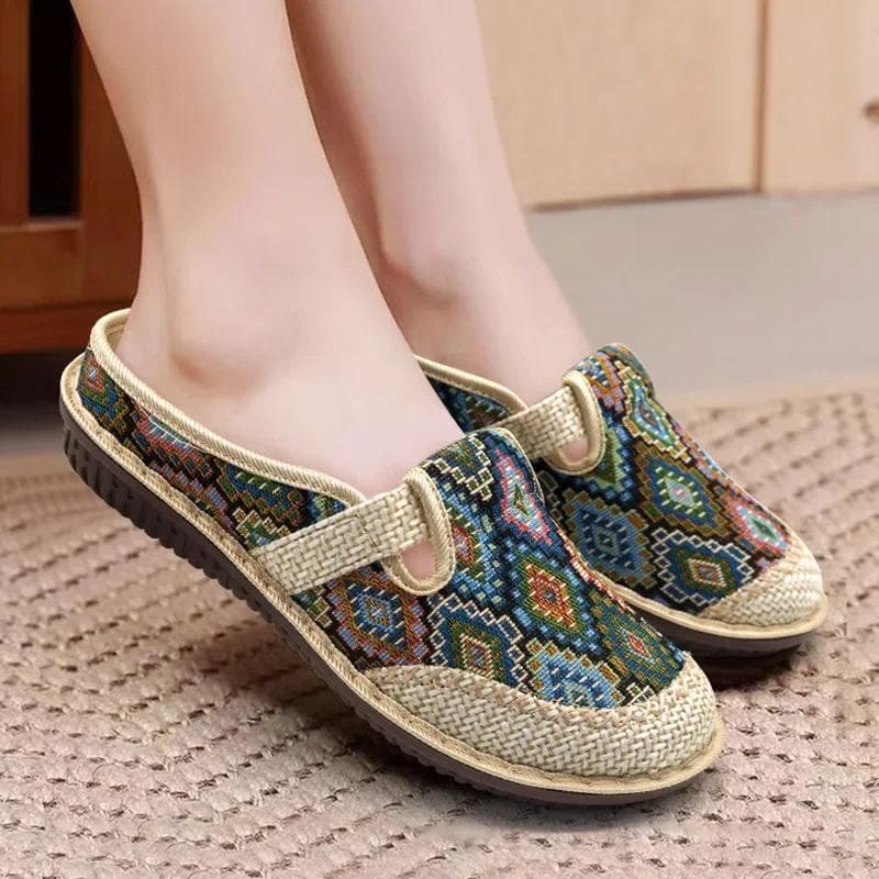 Wedge Cloth Shoes Women Soft Sole Walking Elderly Sandal Ethnic Embroidery Linen Flat Shoes Summer Ladies Slip-on Muller Slipper 38