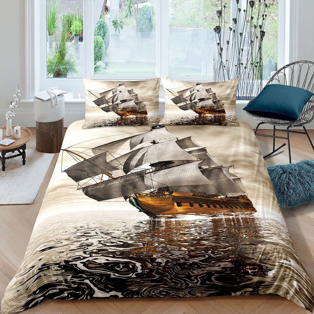 Nautical Sailboat King Queen Duvet Cover Coastal Sailing Boat Bedding Set Sea Adventure Comforter Cover Polyester Quilt Cover 240x210cm 3pcs