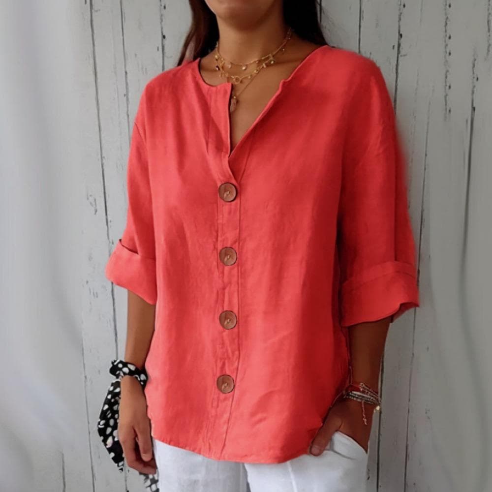 Plain Shirt for Women Women's Loose V Neck Three Quarter Sleeve T Shirt With Buttoned Classic Solid Color Commuting Tops XL red