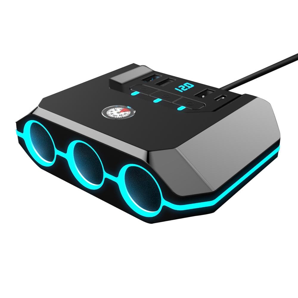 Car Chargers 120W High Power Charging Adapter 3-Socket Power Splitter 12-24V with 4 USB Ports LED black