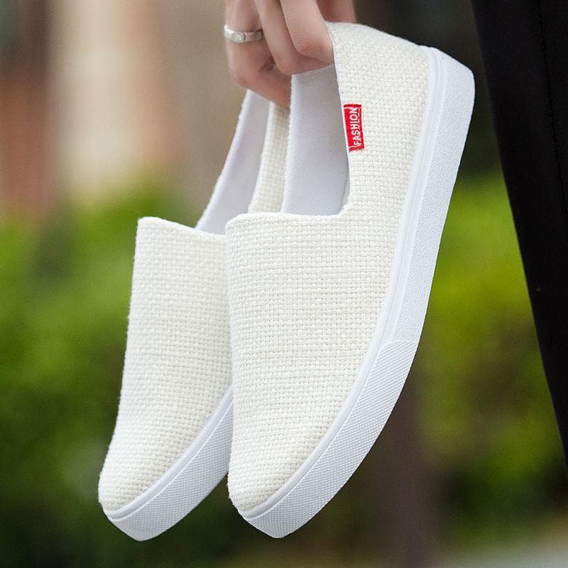 Summer Linen Cloth Shoes Men's Korean Version Casual Shoes Slip-on Lazy Shoes Trend Men's Shoes Breathable Skate Shoes 44 white