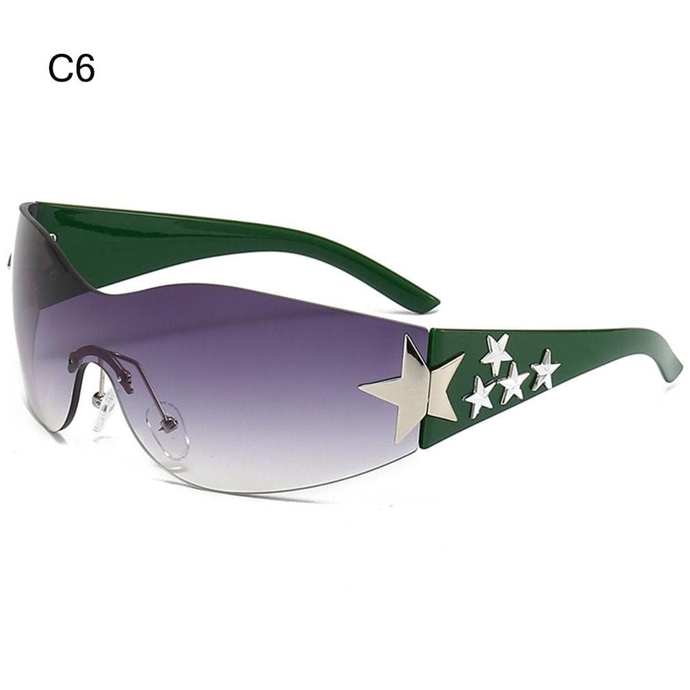 Trendy UV400 Protection Wrap Around Stars Decor Rimless Y2K Sunglasses for Cycling Travel Fashion Shades