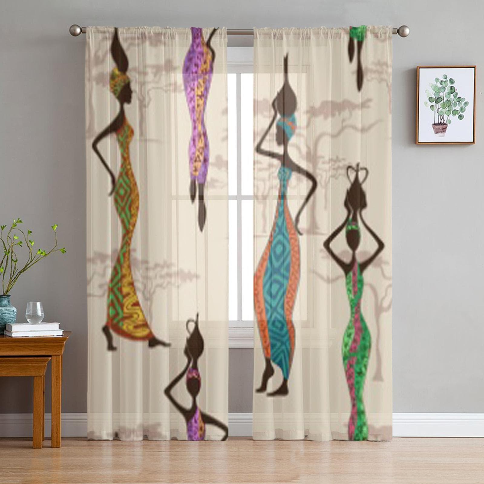 African Women With Vases Tulle Sheer Curtains for Living Room the Room Bedroom Kitchen Decoration Voile Organza Curtains 135W x 114H(cm)