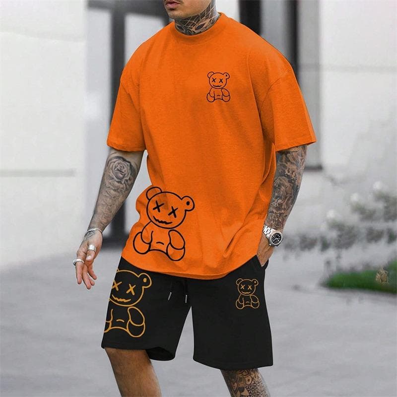 2025 Fun Bear Harajuku T-Shirt Men's Summer Loose Daily Couple Suit Outdoor Street Short Sleeve Shorts Two Piece Men Summer Suit 4XL