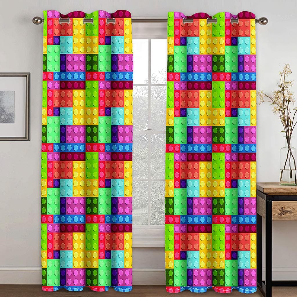 Kids Like Cartoon Game Handle Color Square Curtain 2 Panel Boys Room Bedroom Living Room Window Decoration Curtains 135W165H(CM)53x65in&Grommet Top