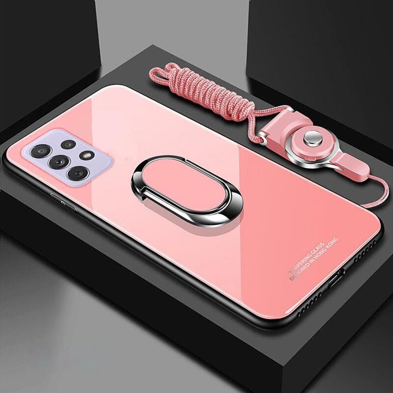 Tempered Glass Phone Case For Samsung Galaxy A73 A53 A33 A13 A03S A22 A52 A32 A42 A51 A71 A72 A12 5G Magnetic Ring Holder Stand Cover with Lanyard For Samsung A32 4G pink