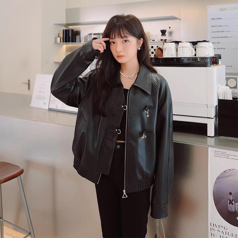 Designed Motorcycle Leather Jacket for Women, Handsome Black PU Leather Spring and Autumn Short Leather Jacket, Casual Top XL black