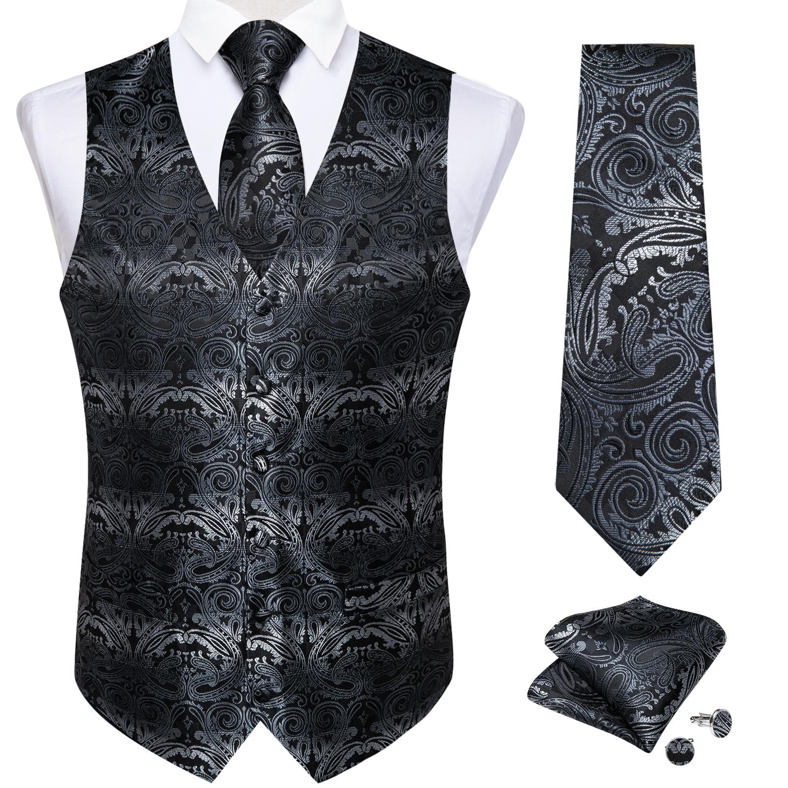 Dibangu Mens Yellow Paisley Vest Suit Waistcoat Hanky Cufflinks Tie Set Wedding S