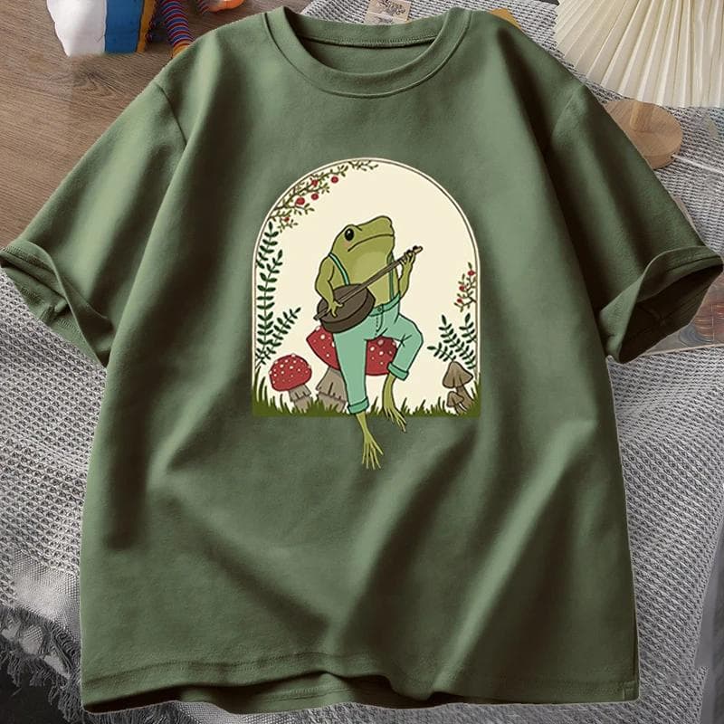 Aesthetic Frog Playing Banjo on Mushroom Cute 3d Print Mens T-shirts Summer Short Sleeve Tee Shirt Mens Clothes Loose Top M